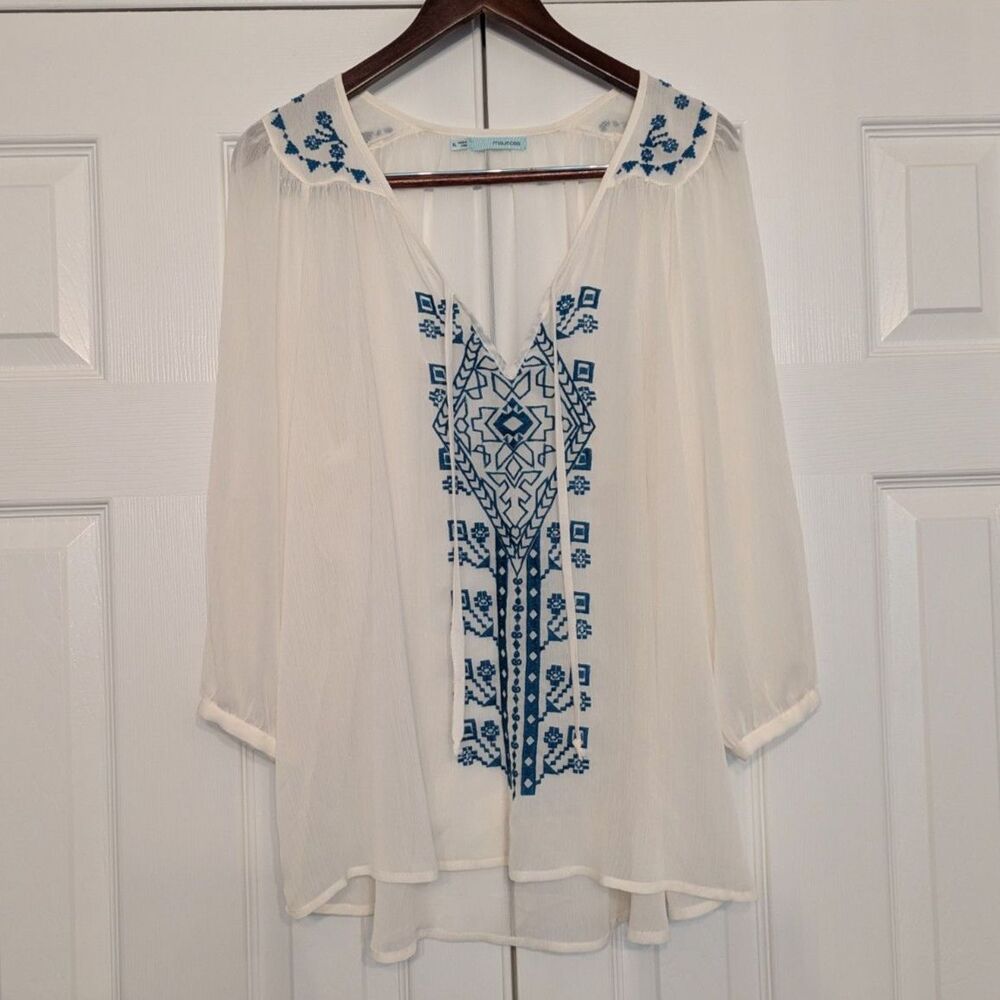 Maurices Cream Blue Embroidered Sheer Peasant Blouse Tassel Tie Top Size XL